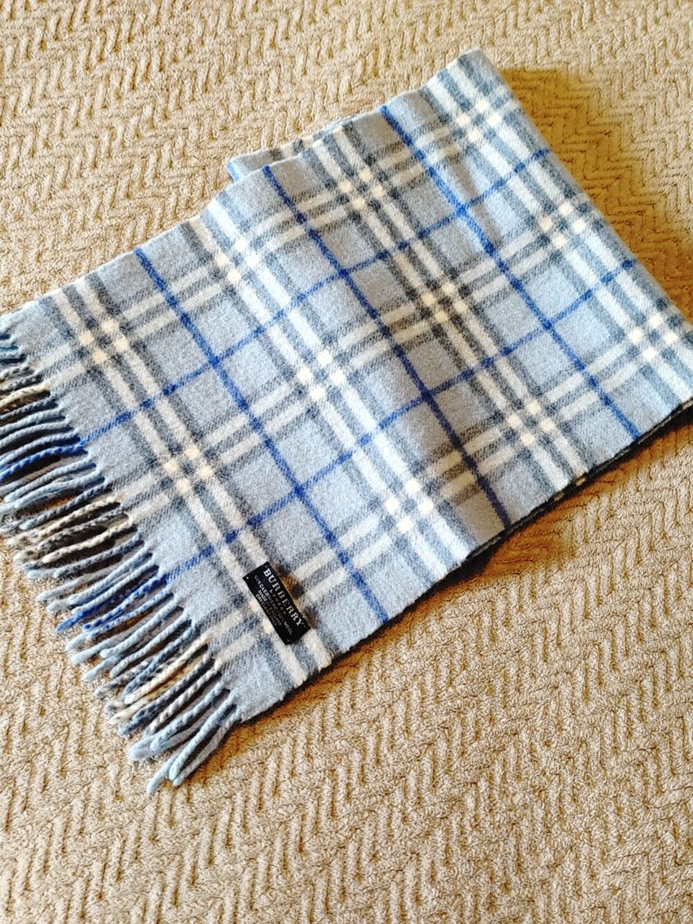 Burberry Scarf | Blue, Gray & White Check | With Logo